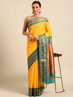 Maharani paithani saree silk blend in gold & rama with polka butta design - front view for wedding wear