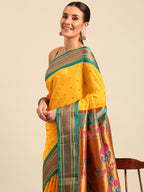 Maharani paithani saree silk blend in gold & rama with polka butta design - closeup view for weading party and festival