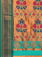 Maharani paithani saree silk blend in gold & rama with polka butta design with peacock motifs pallu