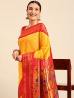 Maharani paithani saree silk blend in gold & red with polka butta design - closeup view for weading party and festival