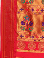 Maharani paithani saree silk blend in gold & red with polka butta design with peacock motifs pallu