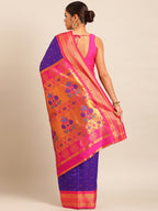Maharani paithani saree silk blend in indigo blue & pink with polka butta design - back view showing pallu and border