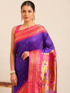 Maharani paithani saree silk blend in indigo blue & pink with polka butta design - closeup view for weading party and festival