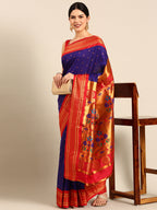Maharani paithani saree silk blend in indigo blue & red with polka butta design - front view for wedding wear