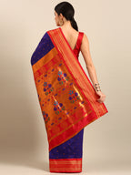 Maharani paithani saree silk blend in indigo blue & red with polka butta design - back view showing pallu and border