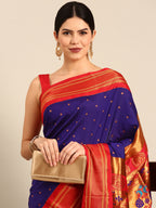 Maharani paithani saree silk blend in indigo blue & red with polka butta design - closeup view for weading party and festival