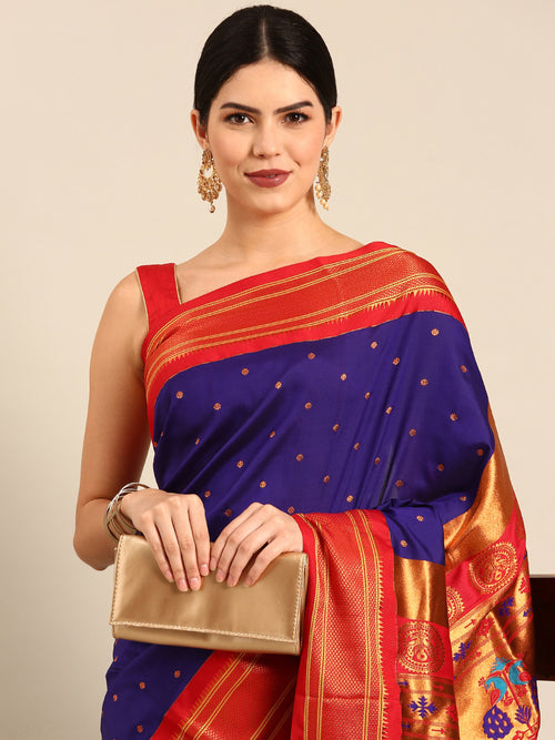 Maharani paithani saree soft silk in indigo blue & red with polka butta design - closeup view for wedding party and festival