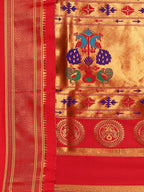 Maharani paithani saree silk blend in indigo blue & red with polka butta design with peacock motifs pallu