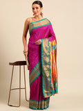 Maharani paithani saree silk blend in magenta & rama with polka butta design - front view for wedding wear