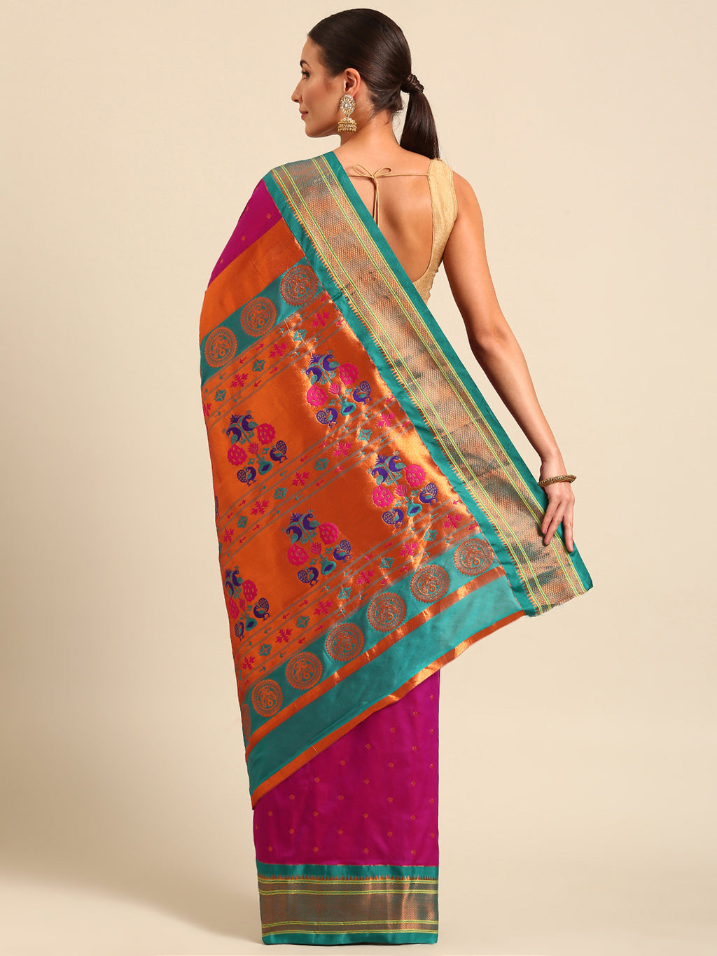 Maharani paithani saree silk blend in magenta & rama with polka butta design - back view showing pallu and border