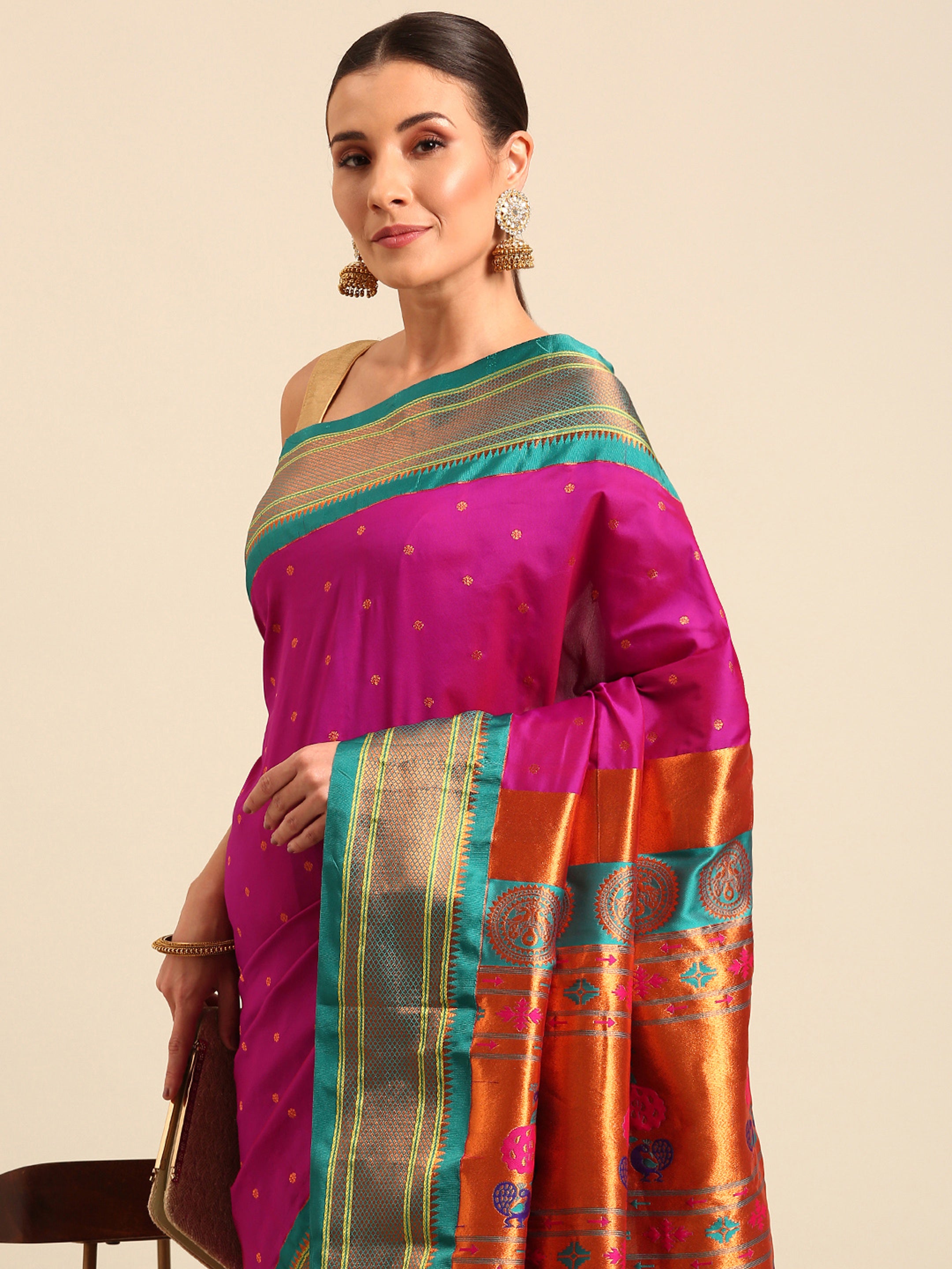 Maharani paithani saree silk blend in magenta & rama with polka butta design - closeup view for weading party and festival