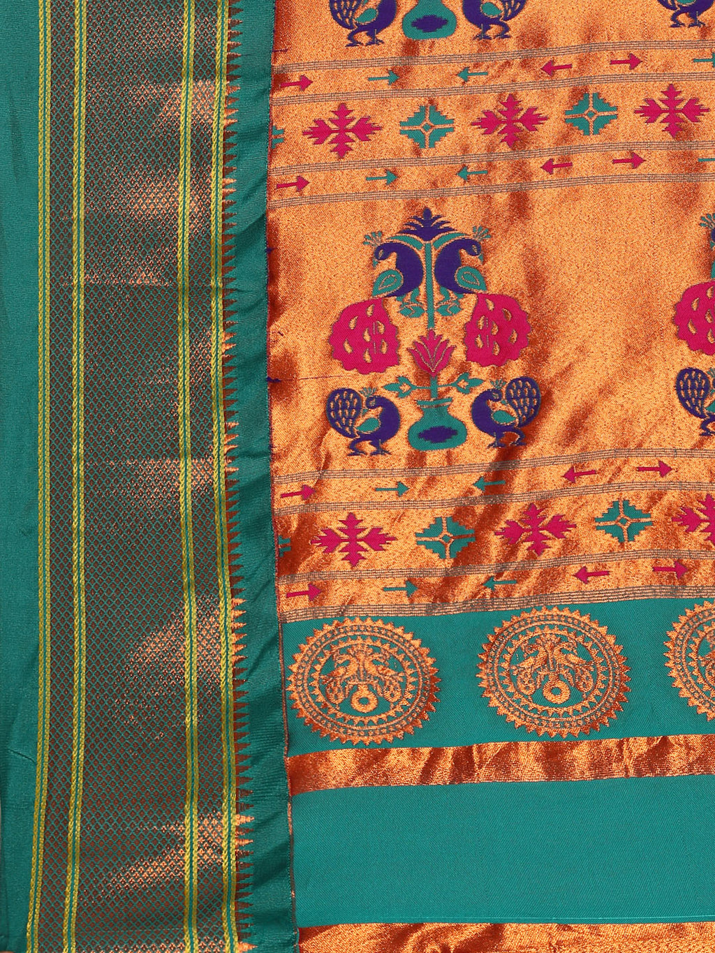 Maharani paithani saree silk blend in magenta & rama with polka butta design with peacock motifs pallu