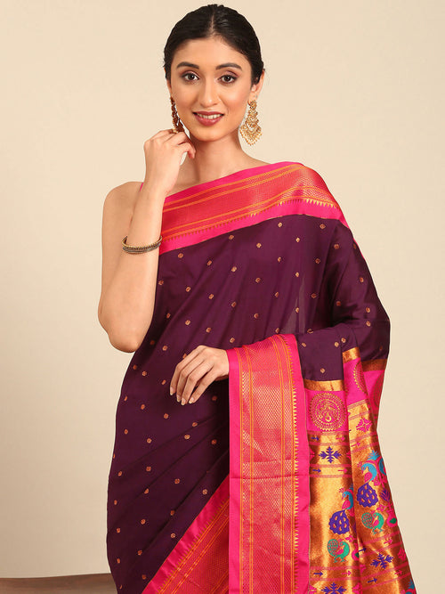 Maharani paithani saree soft silk in maroon & pink with polka butta design - closeup view for wedding party and festival