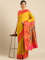Maharani paithani saree silk blend in mustard yellow & pink with polka butta design - front view for wedding wear