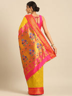 Maharani paithani saree silk blend in mustard yellow & pink with polka butta design - back view showing pallu and border