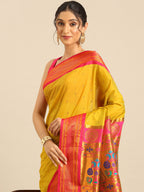 Maharani paithani saree silk blend in mustard yellow & pink with polka butta design - closeup view for weading party and festival