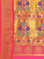 Maharani paithani saree silk blend in mustard yellow & pink with polka butta design with peacock motifs pallu