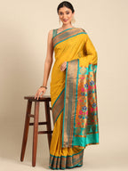 Maharani paithani saree silk blend in mustard yellow & rama with polka butta design - front view for wedding wear