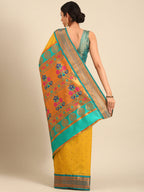Maharani paithani saree silk blend in mustard yellow & rama with polka butta design - back view showing pallu and border
