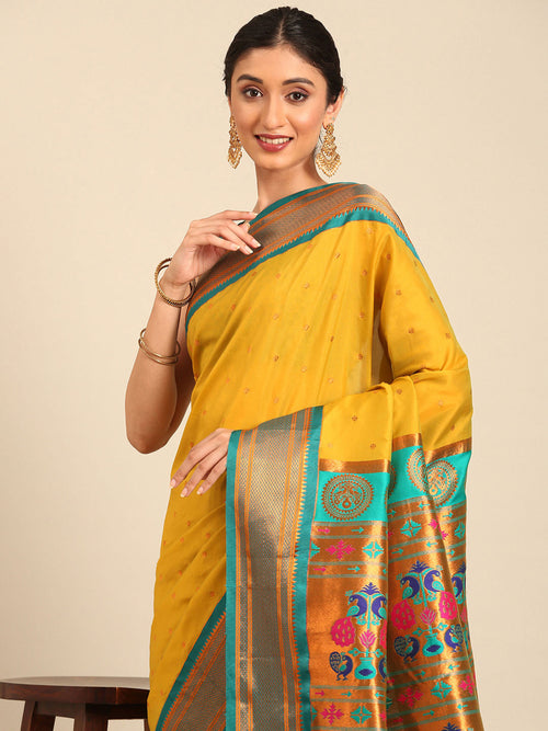 Maharani paithani saree soft silk in mustard yellow & rama with polka butta design - closeup view for wedding party and festival