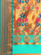 Maharani paithani saree silk blend in mustard yellow & rama with polka butta design with peacock motifs pallu