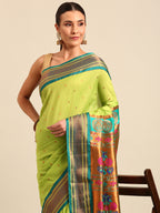 Maharani paithani saree silk blend in popati & rama with polka butta design - closeup view for weading party and festival