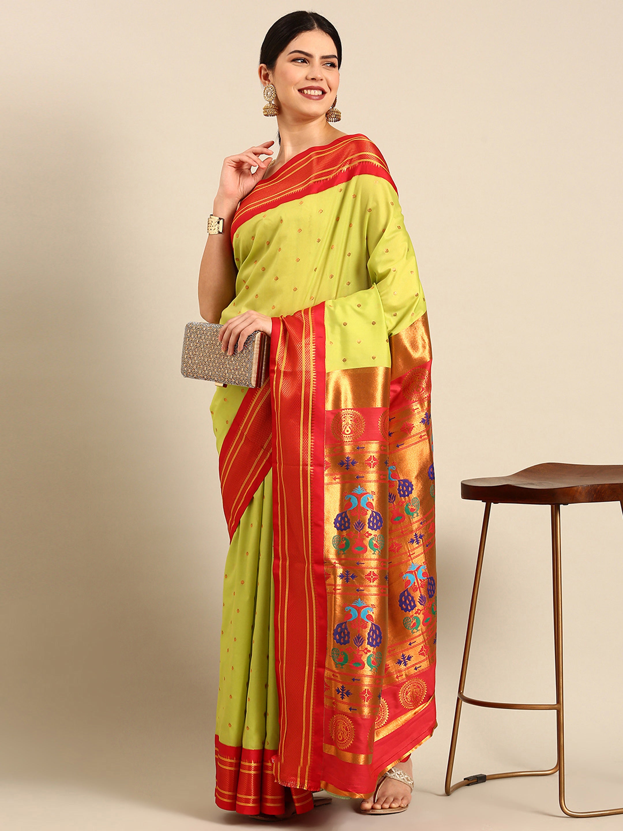 Maharani paithani saree silk blend in popati & red with polka butta design - front view for wedding wear