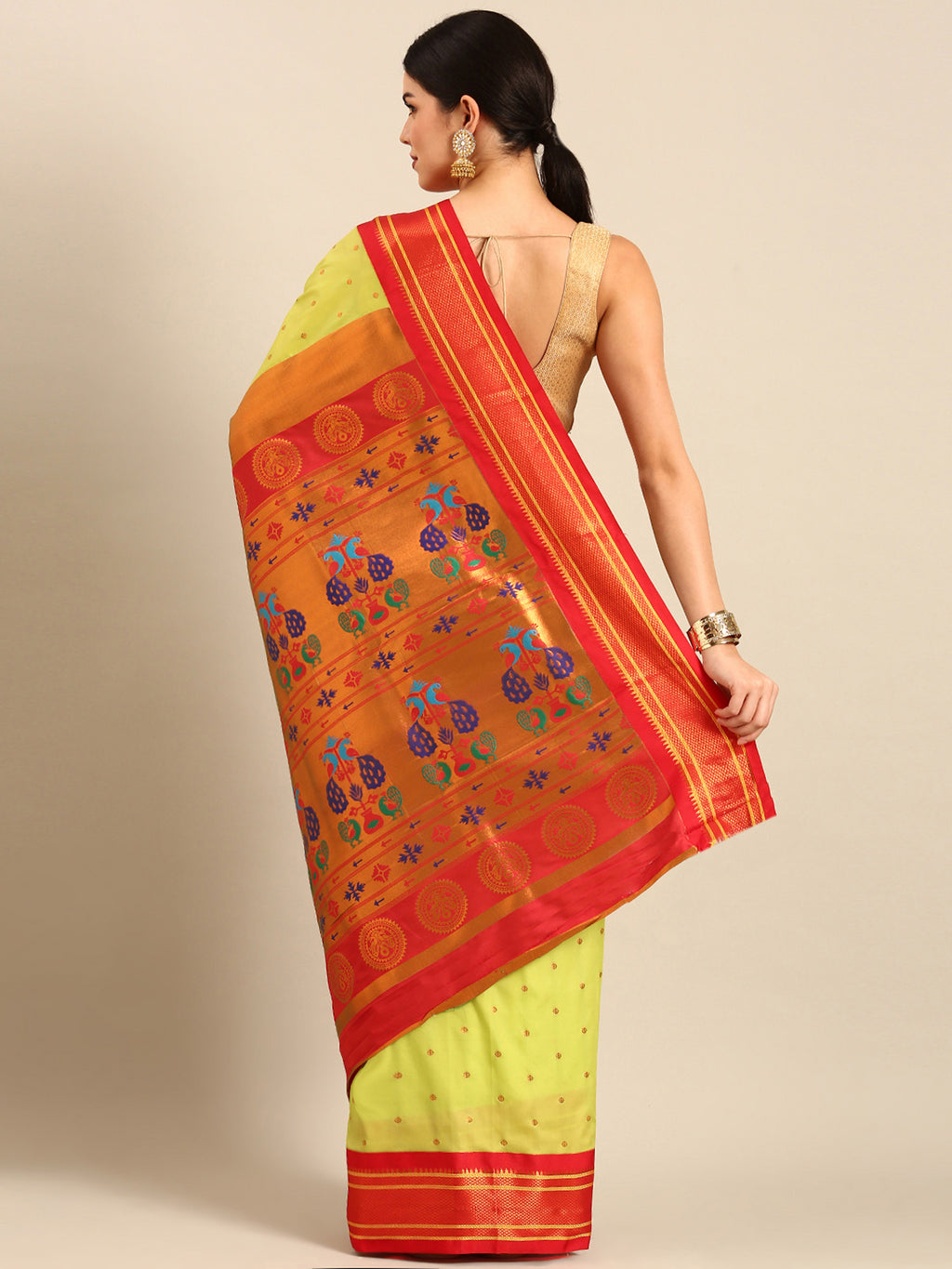 Maharani paithani saree silk blend in popati & red with polka butta design - back view showing pallu and border