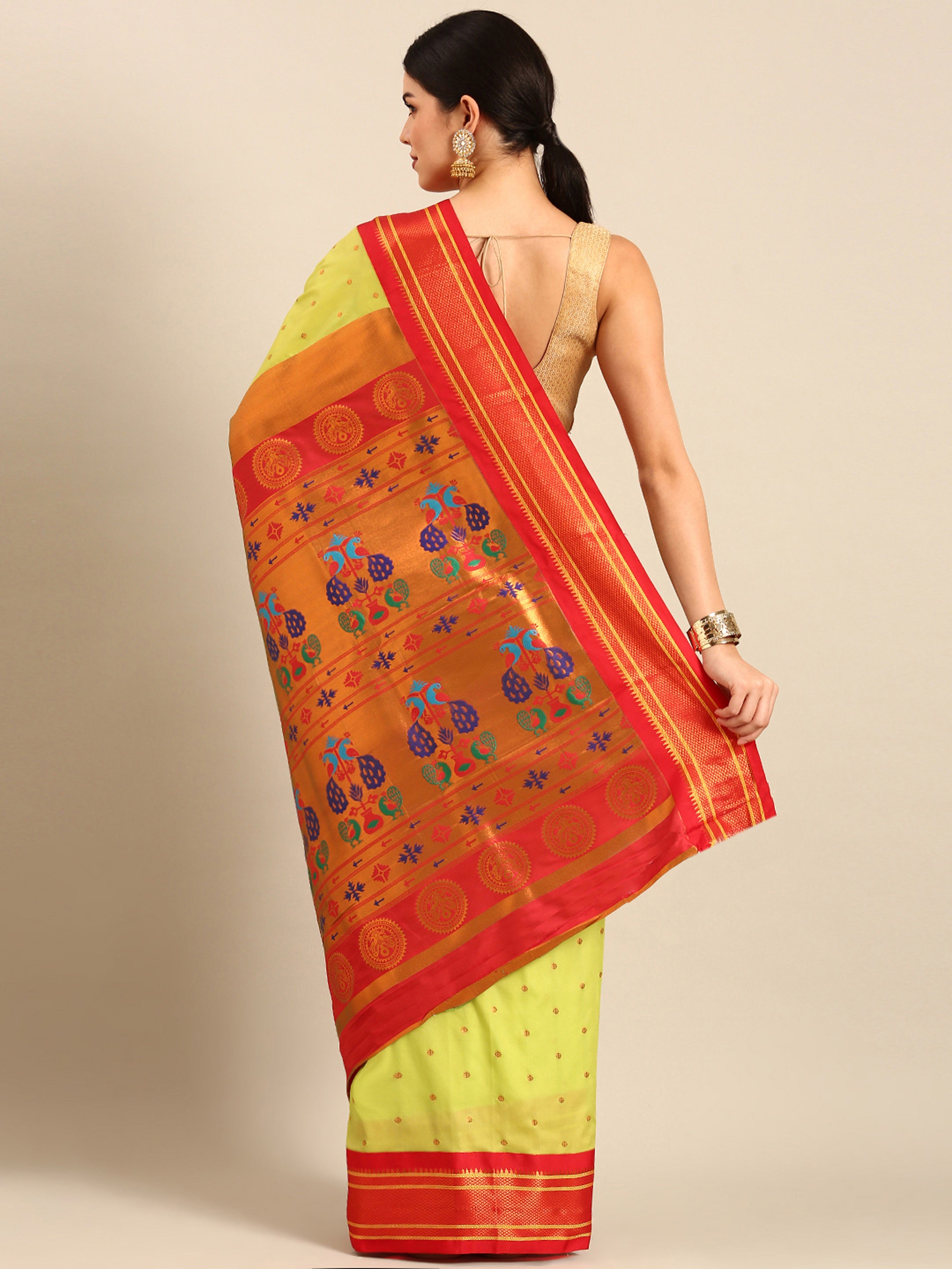 Maharani paithani saree silk blend in popati & red with polka butta design - back view showing pallu and border
