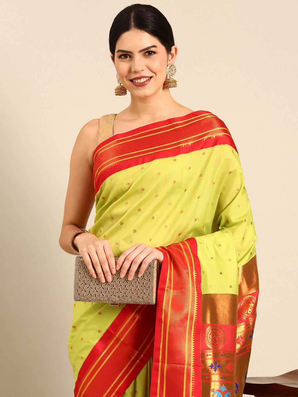 Maharani paithani saree silk blend in popati & red with polka butta design - closeup view for weading party and festival