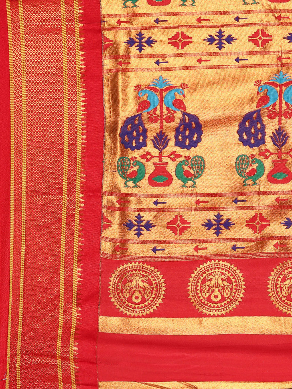 Maharani paithani saree silk blend in popati & red with polka butta design with peacock motifs pallu