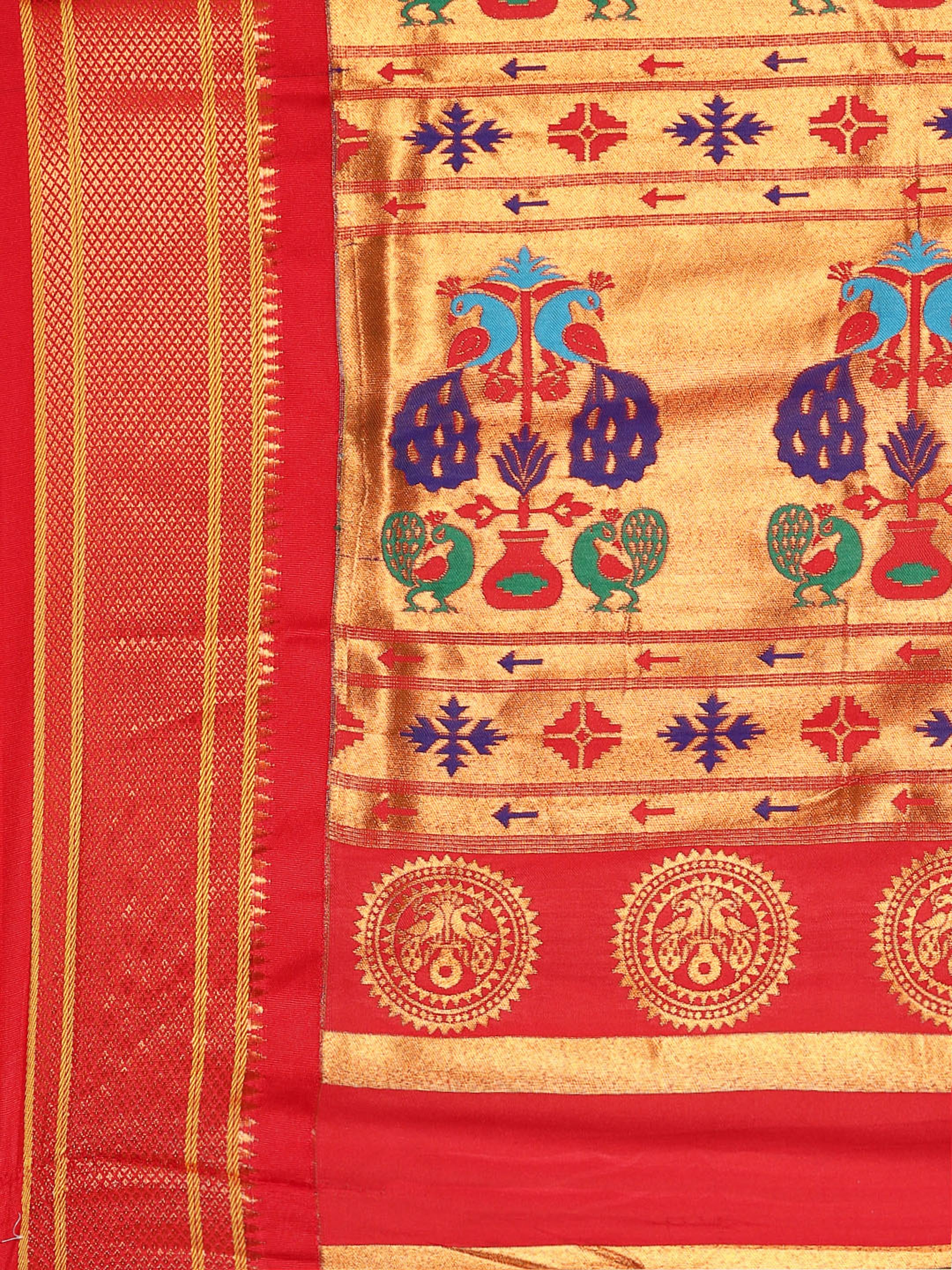 Maharani paithani saree silk blend in popati & red with polka butta design with peacock motifs pallu