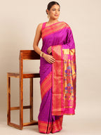 Maharani paithani saree silk blend in purple & pink with polka butta design - front view for wedding wear