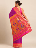 Maharani paithani saree silk blend in purple & pink with polka butta design - back view showing pallu and border
