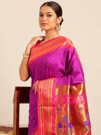 Maharani paithani saree silk blend in purple & pink with polka butta design - closeup view for weading party and festival