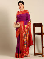 Maharani paithani saree silk blend in purple & red with polka butta design - front view for wedding wear