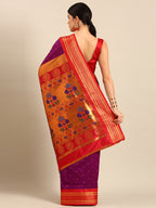 Maharani paithani saree silk blend in purple & red with polka butta design - back view showing pallu and border