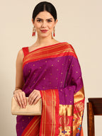 Maharani paithani saree silk blend in purple & red with polka butta design - closeup view for weading party and festival