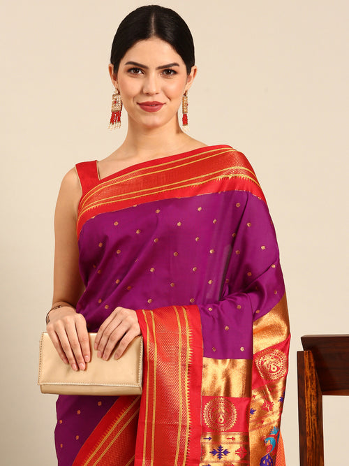 Maharani paithani saree soft silk in purple & red with polka butta design - closeup view for wedding party and festival