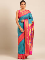 Maharani paithani saree silk blend in & rama green & pink with polka butta design - front view for wedding wear