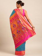 Maharani paithani saree silk blend in & rama green & pink with polka butta design - back view showing pallu and border