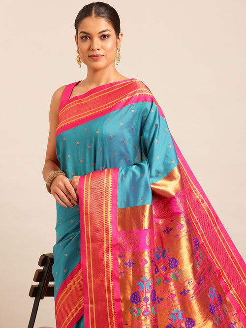 Maharani paithani saree soft silk in rama green & pink with polka butta design - closeup view for wedding party and festival