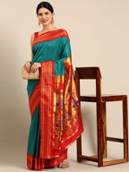 Maharani paithani saree silk blend in & rama green & red with polka butta design - front view for wedding wear