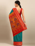 Maharani paithani saree silk blend in & rama green & red with polka butta design - back view showing pallu and border