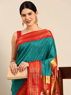 Maharani paithani saree silk blend in & rama green & red with polka butta design - closeup view for weading party and festival
