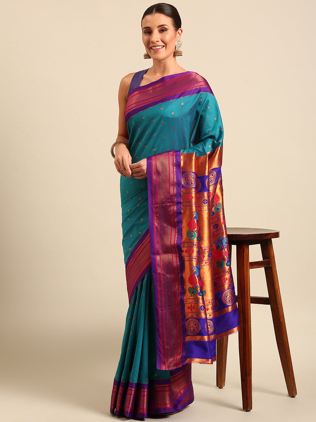 Maharani paithani saree silk blend in & rama green & violet with polka butta design - front view for wedding wear