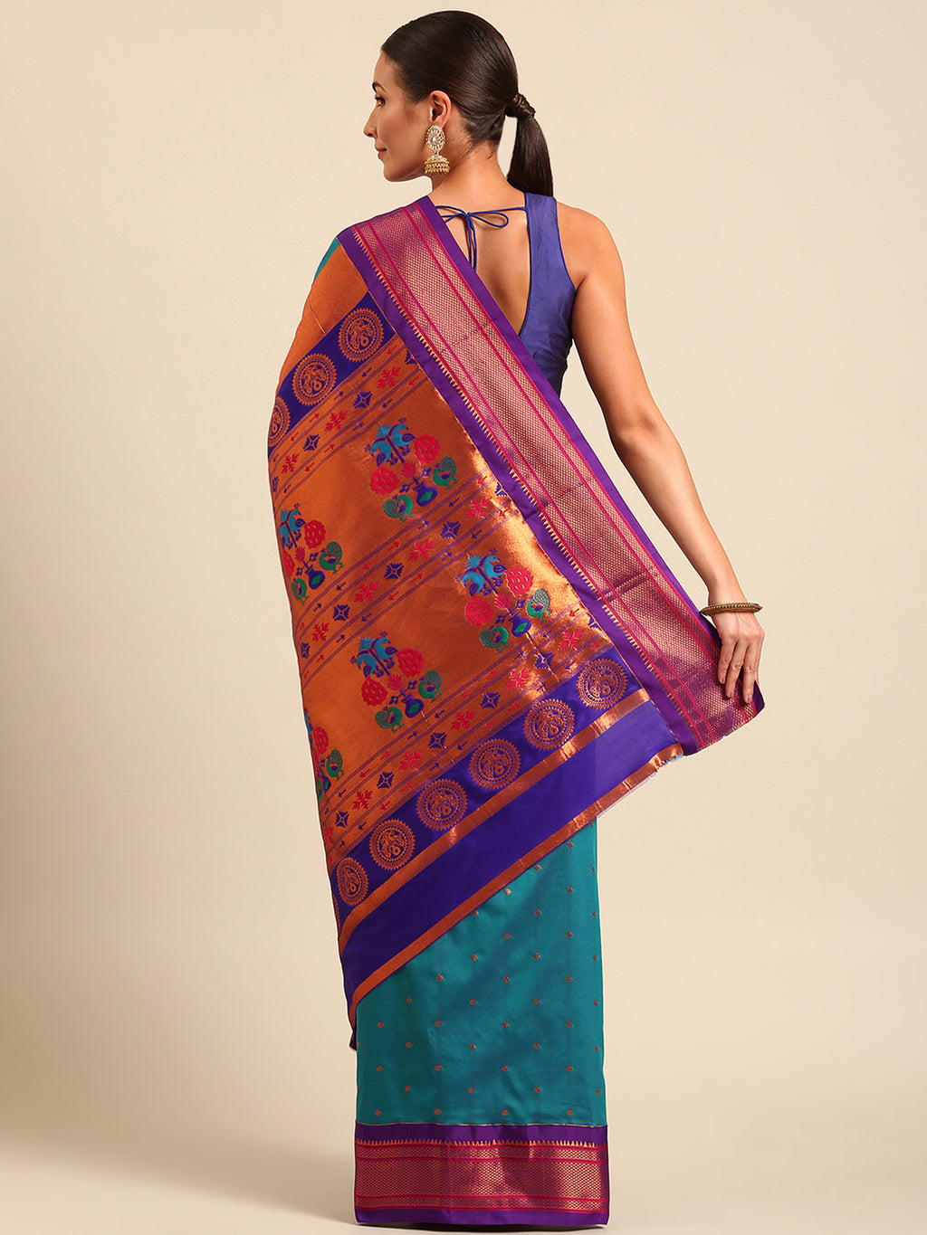 Maharani paithani saree silk blend in & rama green & violet with polka butta design - back view showing pallu and border
