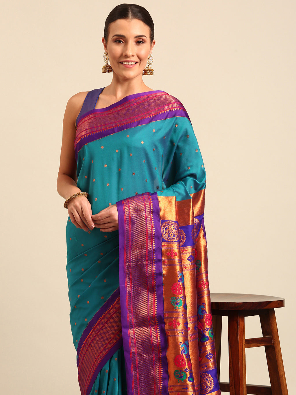 Maharani paithani saree silk blend in & rama green & violet with polka butta design - closeup view for weading party and festival