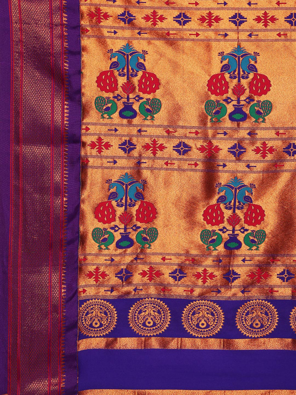 Maharani paithani saree silk blend in & rama green & violet with polka butta design with peacock motifs pallu