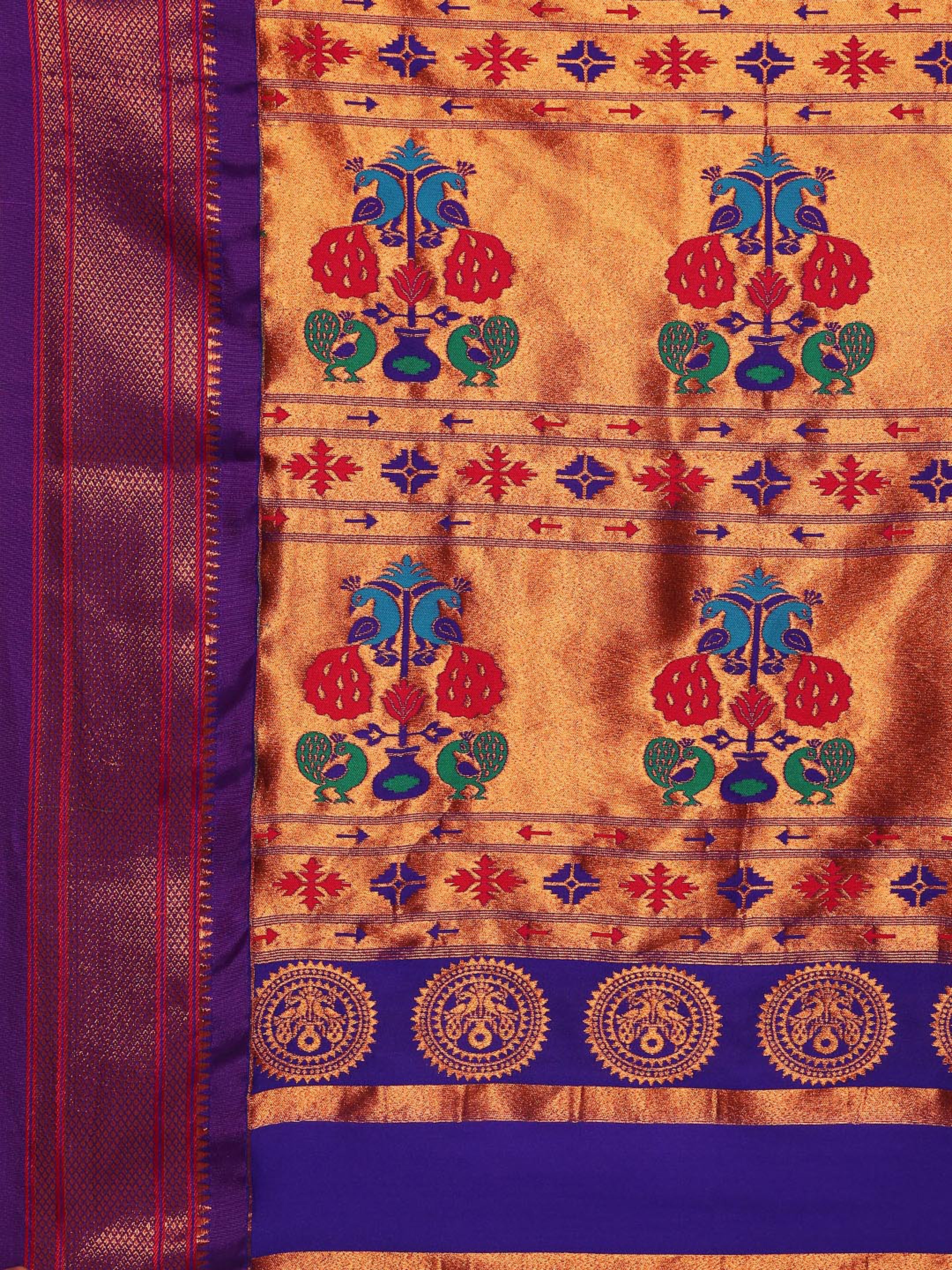 Maharani paithani saree silk blend in & rama green & violet with polka butta design with peacock motifs pallu